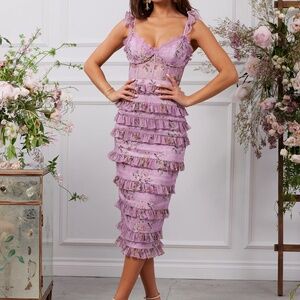 V. Chapman Lilac Ruffled Lace Midi Dress